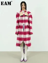 [EAM] Purple Plaid Hollow Out Long Woolen Coat New Stand Collar Long Sleeve Women Jacket Fashion Tide Autumn Winter 2024 1DH6270