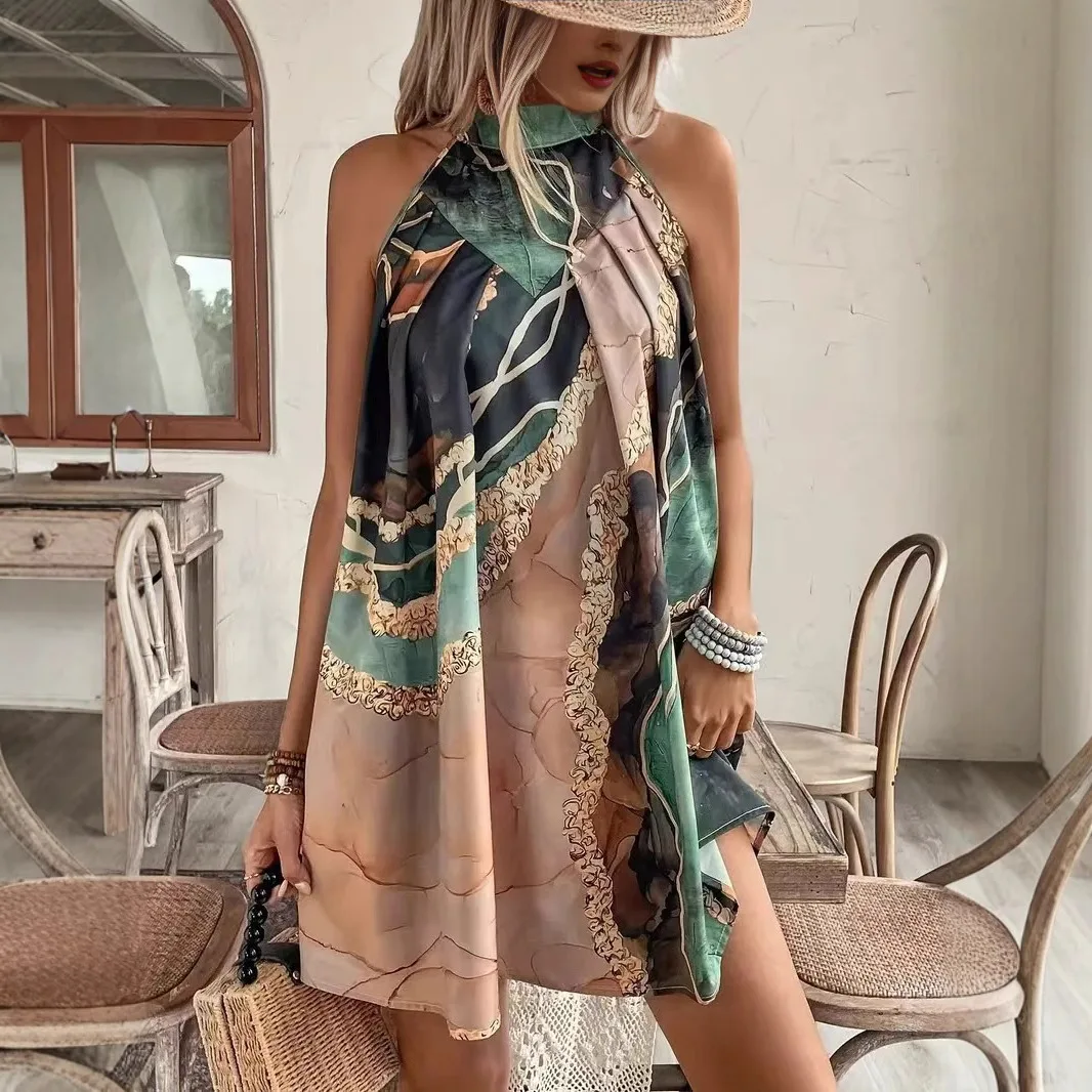 2025 primavera slim-fit hip-envolto sem mangas tripulação pescoço listrado impressão sexy mini vestido design cores contrastantes cw96942