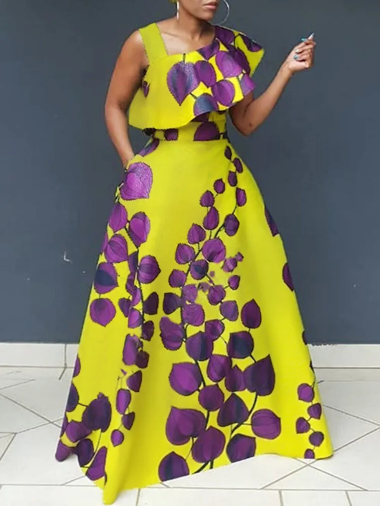 UOOZEE-vestido acampanado con estampado de hojas y un hombro para mujer, novedad de 2025, vestidos largos elegantes sin mangas con cuello asimétrico para fiesta y noche