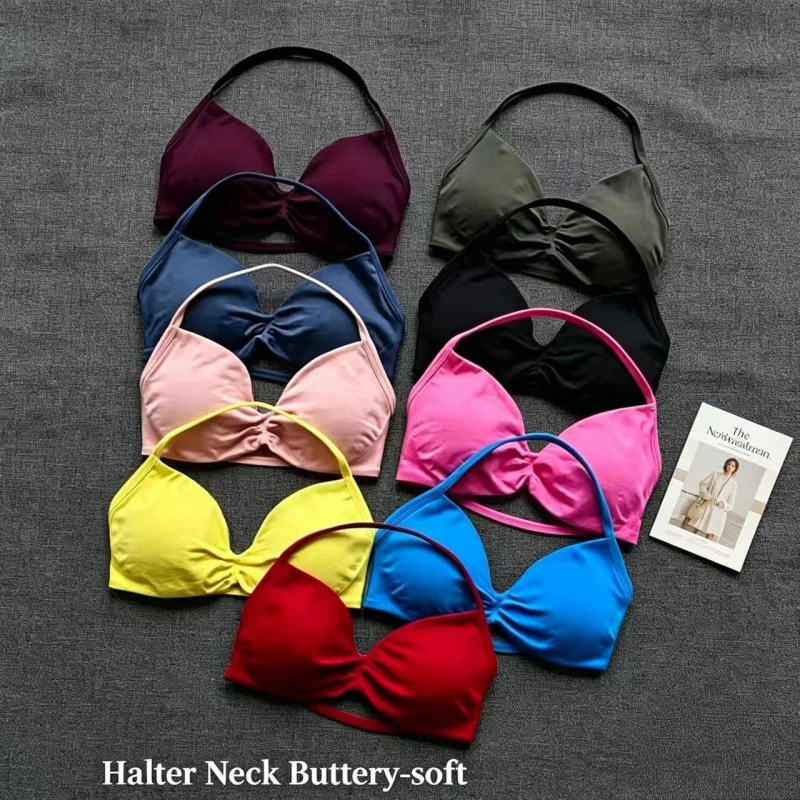 Women Sexy Seamless Scrunch Halter Yoga Bra Thin Straps Padded High Support Sports Top for Gym Fitness Workout