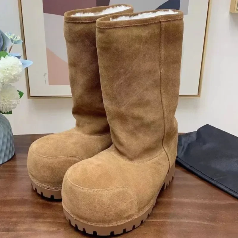 Outono e inverno novas botas de neve de cabeça grande feias botas de pão plataforma feminina aumentar mas joelho-alta botas de algodão quente