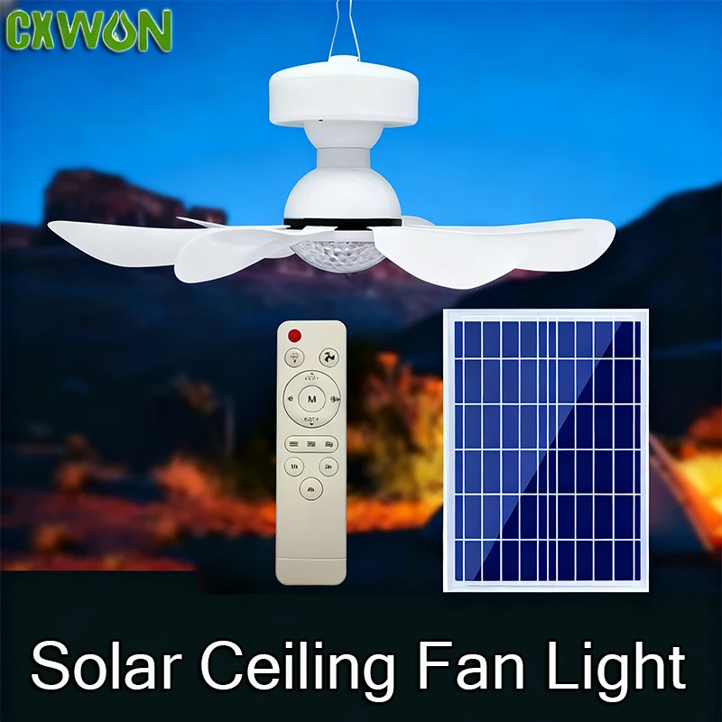 Solar Powered Ceiling Fan Light 3-Color LED Portable for Outdoor/Indoor Use Energy Efficient Solar Panel Charging Fan Bulb