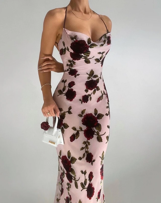 

Women's Gift Dress, Tight Fitting Suspender, Long Skirt, Rose Bra, Flower Pattern, Lace Up Back, Round Neck, Printed Dress