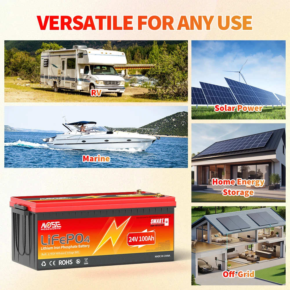 MOSEWORTH 24V 100Ah LiFePO4-Akku Lithium-Eisenphosphat-Batterien Eingebautes Bluetooth BMS 8000+ Zyklen für Solarboote – Detail 6