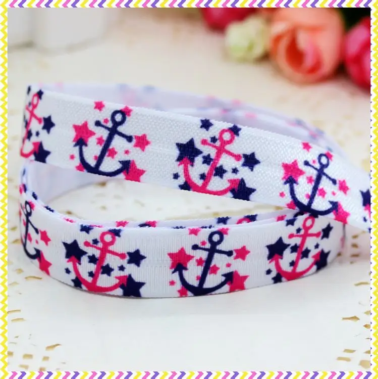 DHK 5/8''50yards Fold Elastic FOE Anchor Navy Printed Headband Headwear Hairband Diy Decoration Wholesale OEM S69