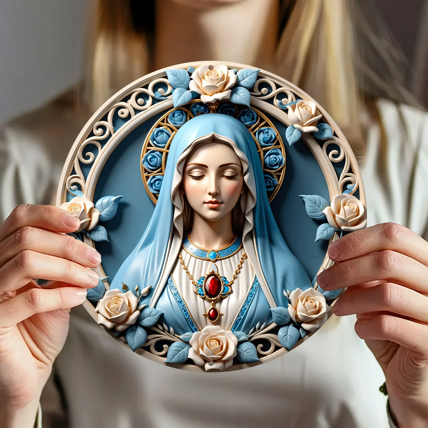 Unique 8 x 8 Inch \'Virgin Mary\' Rose Circular Wall Decoration Art, Seasonal Festival Gift, Aluminium Material