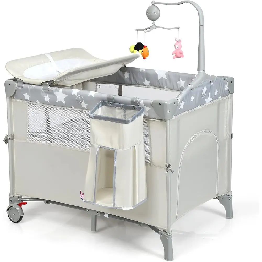 5-in-1 draagbare speeltuin met wieg, commode, opbergruimte, speelgoedboog en muziekdoos (beige)