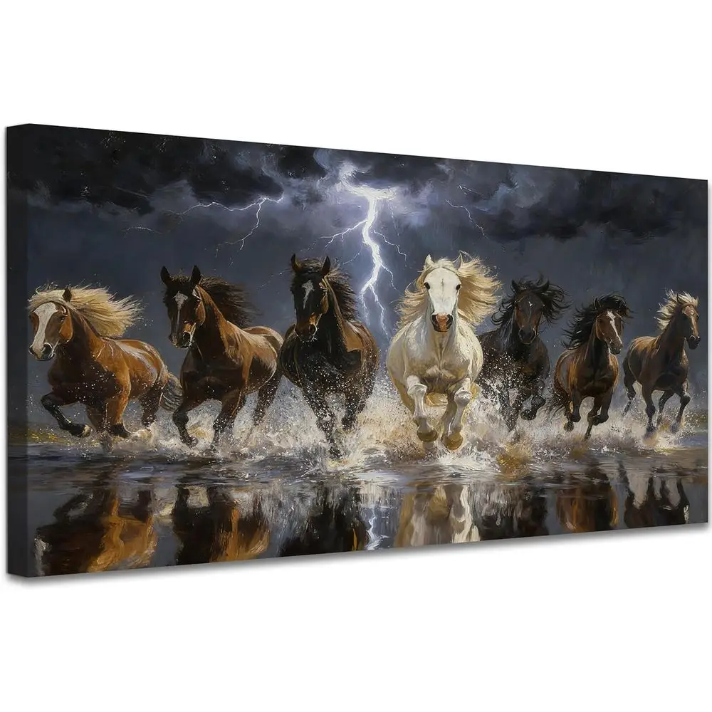 

Big White He Canvas Art - 7 Running Paintings, Vastu-Compliant Natural Scenery, Animal Prints for Home Office Decor, 60x30