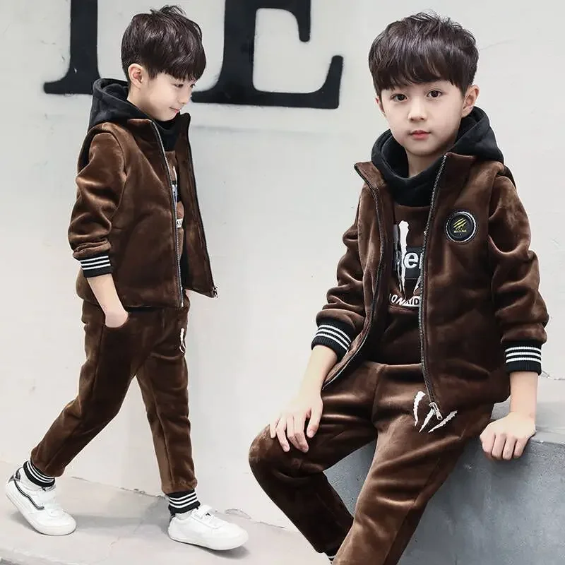 3-12Y 3Pcs Suits Winter Keep Warm Boys Clothing Set Cartoon Tiger Pattern Lining Plush Heavy Shirt+Vest+Pants Child Outfit