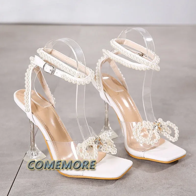 Luxury Rhinestones Pearls Women Pumps Fashion Transparent PVC Ankle Strap Sexy Party High Heels Spring Summer Wedding Prom Shoes