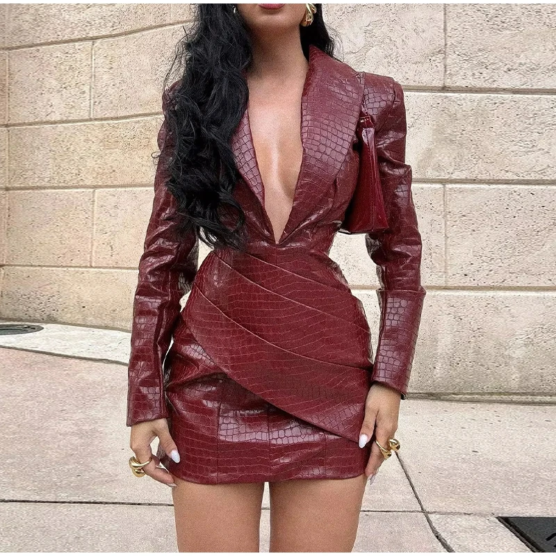 Sexy Burgundy Deep V Leather Mini Dress Women Lattice Shoulder Pads Long Sleeve High Waist Fold Dresses Lady Slim Short Robes