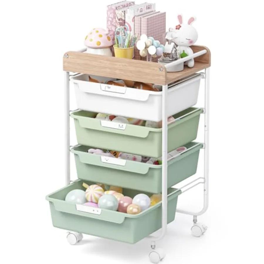 

Rolling Storage Utility Cart with 4 Drawers Craft Art Cart Makeup Organizer and Storage with Wooden Tabletop Green