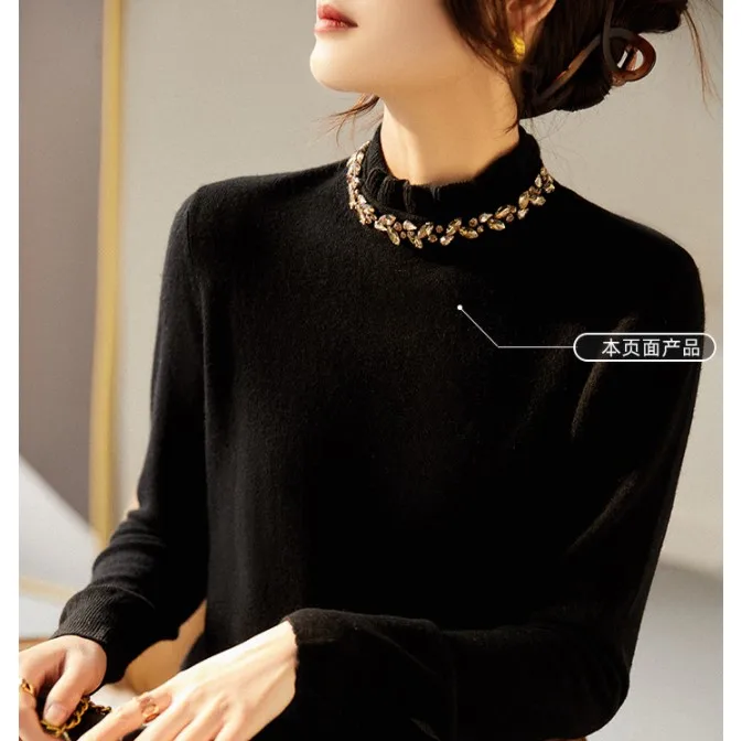 Diamonds Beaded Sweater Knitwear Women 2023 Spring Long Sleeve Half High Collar Pullover Solid Elegant All Match Ladies Jumpers