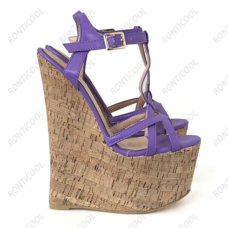 Ronticool Handmade Women T-strap Sandals Ultra High Wedges Heels Round Toe Classics Black Dress Shoes Ladies US Plus Size 5-15