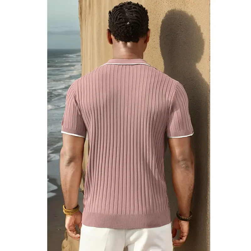 Mens Slim Fit Polo Shirts Short Sleeve Muscle Shirts Solid Color Fitness Fashion Zipper Ribbed T Shirts Quality Casual Golf Tops