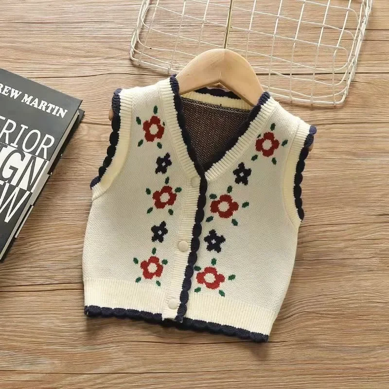 

2025 Spring New Girls' V Neck Knit Vest Korean Style Toddler Outerwear Stylish Baby Cotton Cardigan