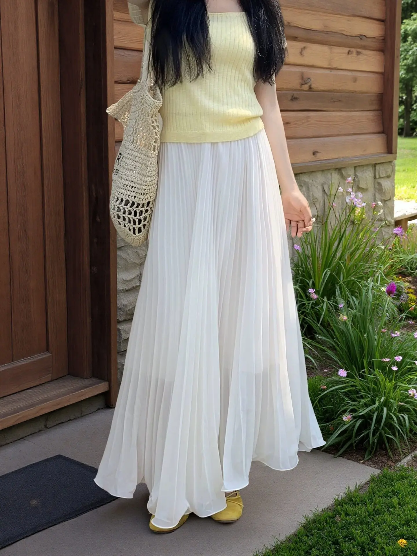 Elegant French Lavender Purple Chiffon Pleated Maxi Skirt High Waist Flowy Long A-line Skirts Romantic Casual Beach Vacation
