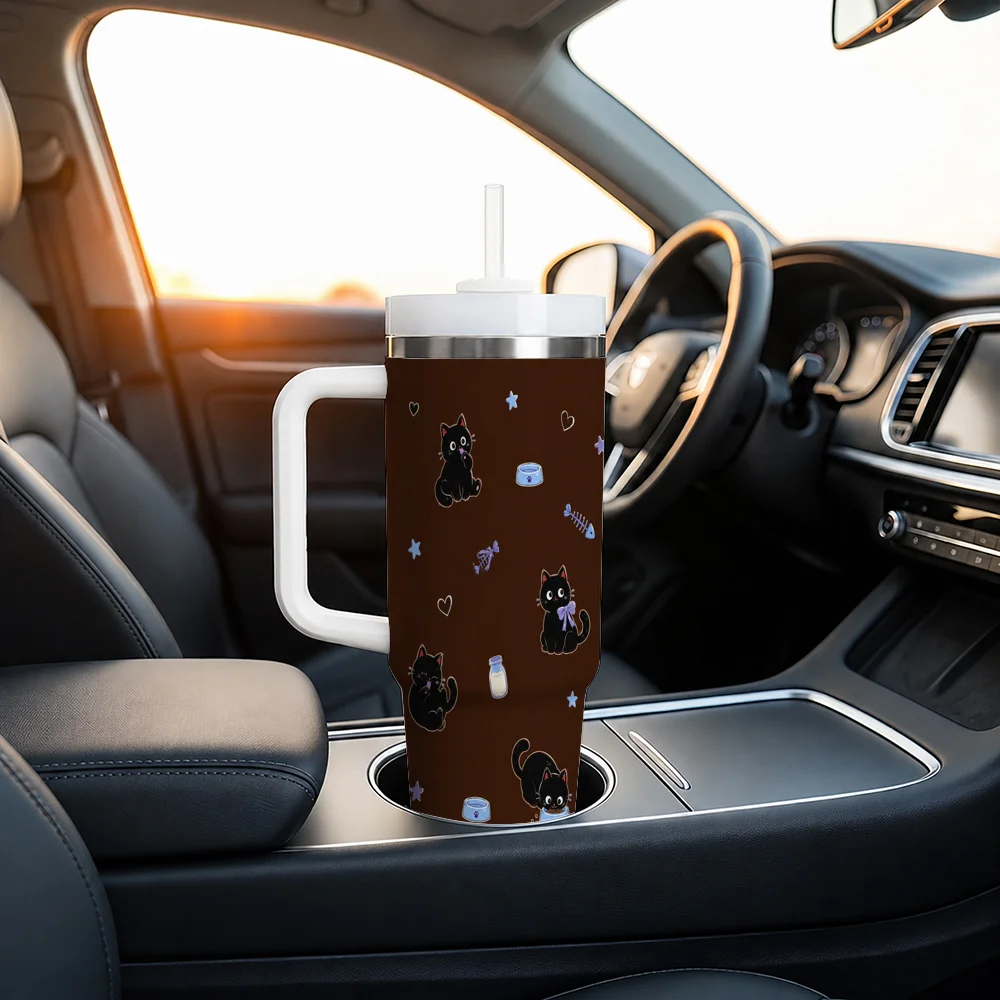 40oz Cute Black Cat Tumbler with Handle Straw Stainless Steel Insulated Travel Mug Yarn Kitty Gift for Women Girls Vacuum Flasks