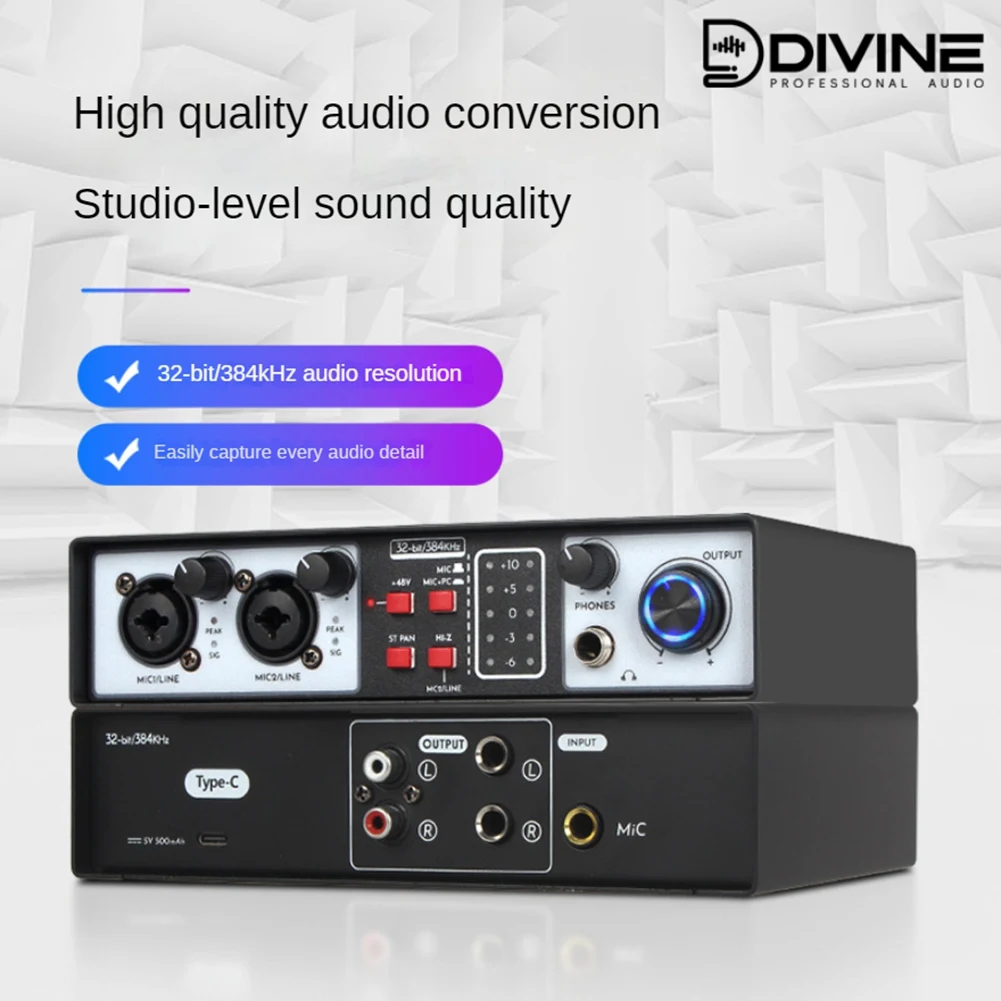 

HOT SALE 2 in 2 Out USB Audio Interface Recording Sound Card 32Bit/384KHZ Studio Record Professional Sound Card 48V Phantom