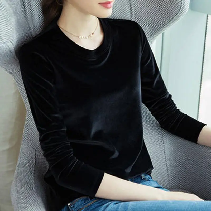 Spring Long Sleeve Loose Early Autumn T-shirt Women Gold Velvet Short Paragraph Bottoming Shirt New Fashion Top