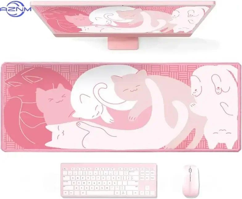 Coquette Sleep Kitten Mouse Pad, Soft Pink Stacked Cat Line Pattern Non Slip Desk Mat Gamers Office Home Keyboard Desktop Decor