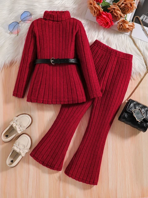 Wiosenna i jesienna moda dziewczęca outdoorowa sukienka casualowa 2-częściowa dzianinowa czerwona koszulka z wysokim dekoltem i długimi rękawami zestaw spodni z szerokimi nogawkami