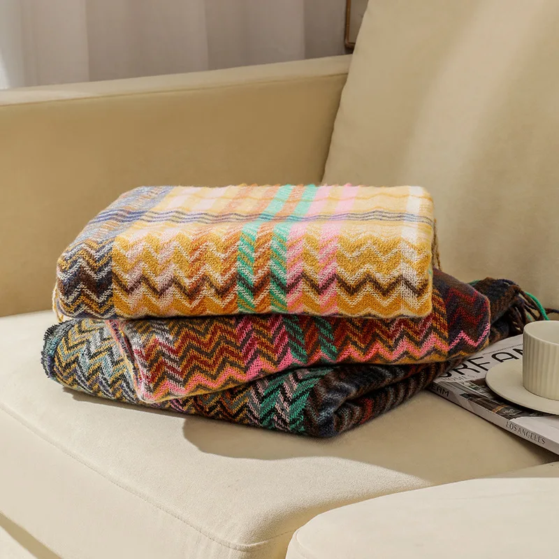 Ethnic Style Wave Woven Tassel Blanket Multi Functional Bed Sheets, Sofa Towels, Tablecloths Versatile Shawl for Office Nap