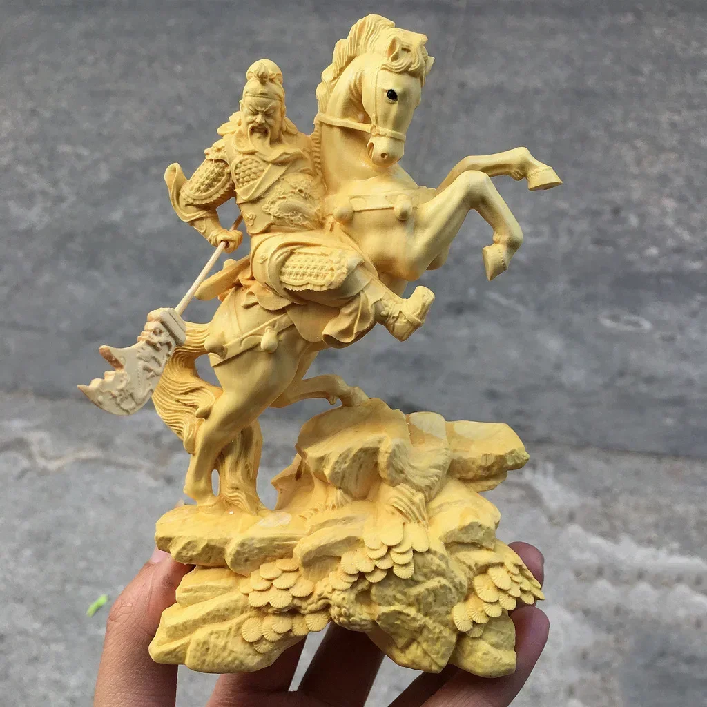 Feng Shui 14CM Boxwood  The Three Kingdoms Figure Wood Statue Riding Horse Guan Gong Home Decor