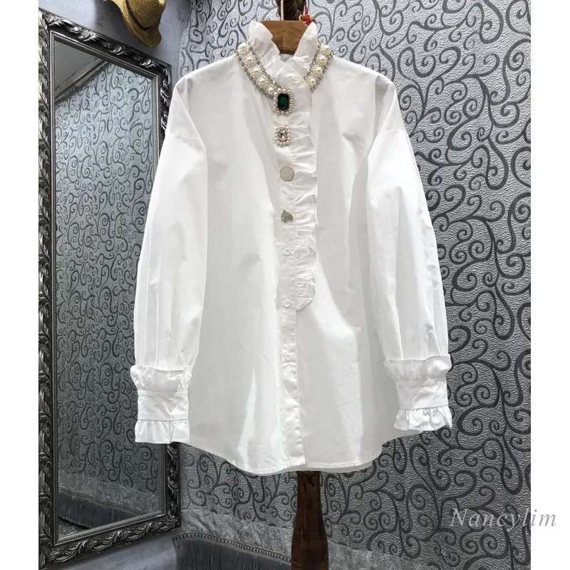 Camisa con volantes y cuentas de diamantes de imitación para mujer, Blusa de algodón de manga larga farol, Top holgado blanco, 2023