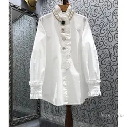 2023 Spring Exquisite Rhinestone Beaded Ruffled Shirt for Women Long Lantern Sleeve Cotton Blusas Ladies White Blouses Loose Top