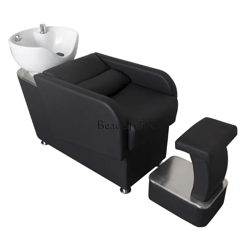 

Shampoo Chair Barber Shop Lying Half Ceramic Deep Basin Black Warrior Hair Salon with Light Flushing Bed