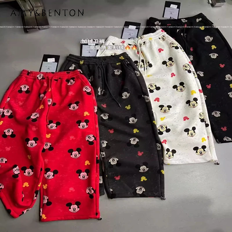 

2025 Autumn Winter Fleece Cartoon Kawaii Casual Pants New High Waist Slim Fit Versatile Straight Leg Jogger Sweatpants For Women