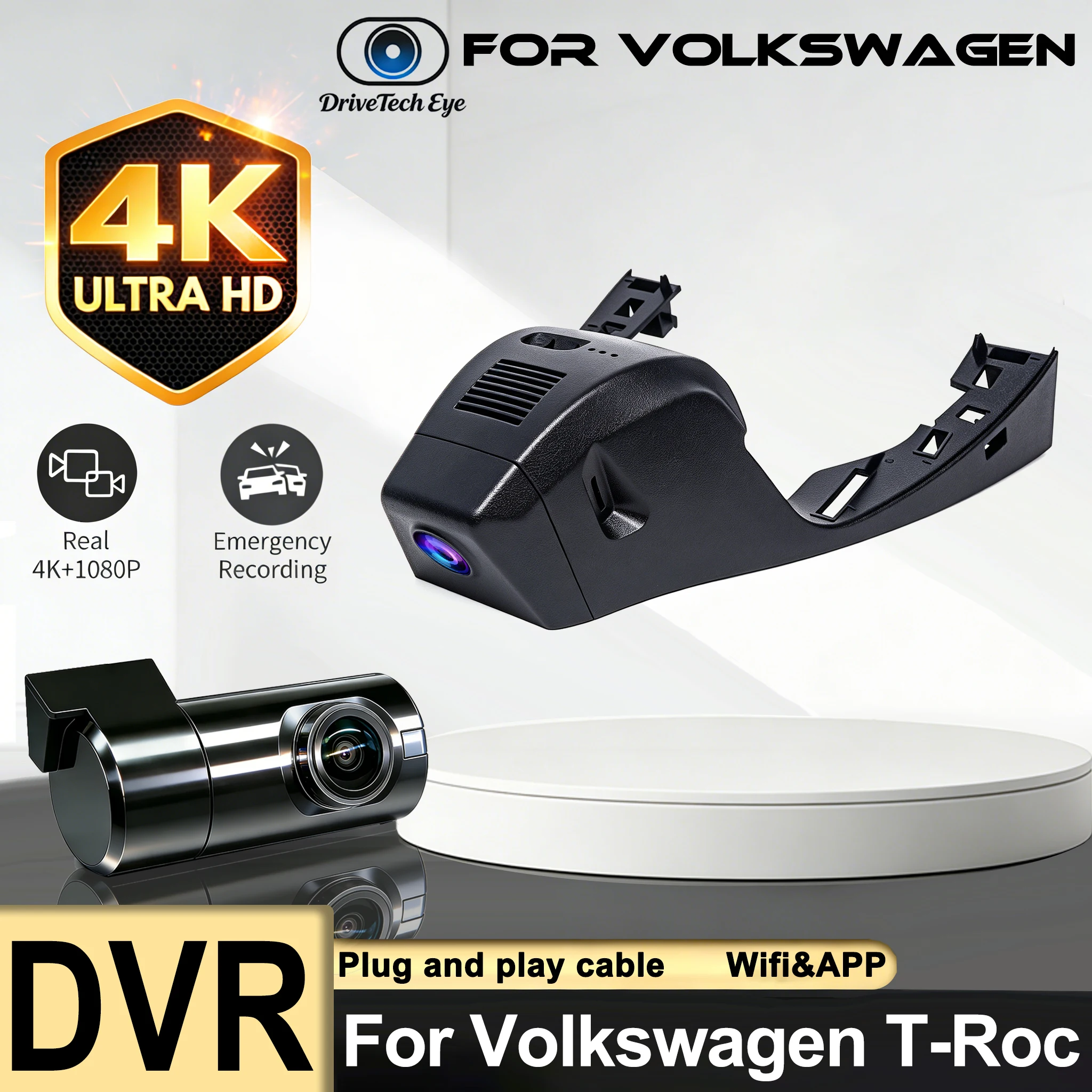 New 4K Wifi Car DVR Video Recorder Plug and Play Dash Cam Camera for Volkswagen VW T-Roc AC7 A11 2017-2020 2021 2022 2023 2024