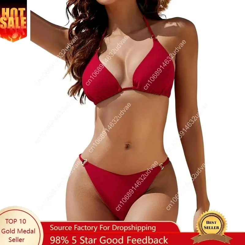 Women's Two Piece Bikini Sets Sexy Halter Ring Swimsuit Triangle String Cheeky Bathing Suit