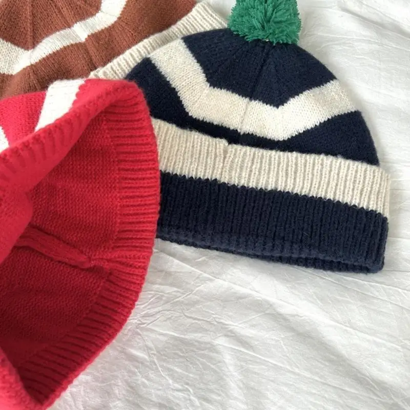 

652F Fashion Stripe Hat Female Knitted Beanie Cap Casual Walking Hat Sweet Bobble Hat