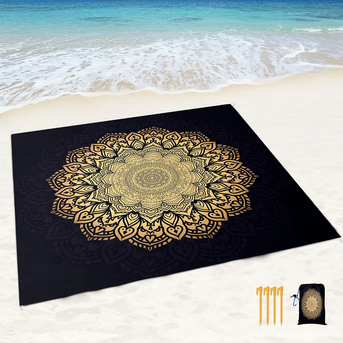 Boho Black Gold Mandala Sand Proof Beach Blanket Sand Proof Mat with Corner Pockets and Mesh Bag for Beach Party,Travel,Camping