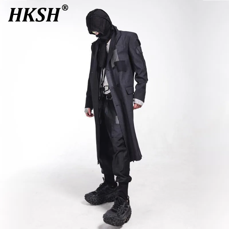 HKSH Autumn Winter Men's Punk Dark Stylish Stitching Asymmetric Contrast Color Patchwork Wool Windbreaker Deconstruction HK3355