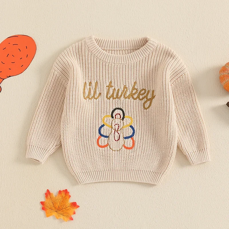 2024-07-30 Lioraitiin Toddler Thanksgiving Sweater Casual Letter Turkey Embroidery Warm Knitted Long Sleeves Pullover Knitwear