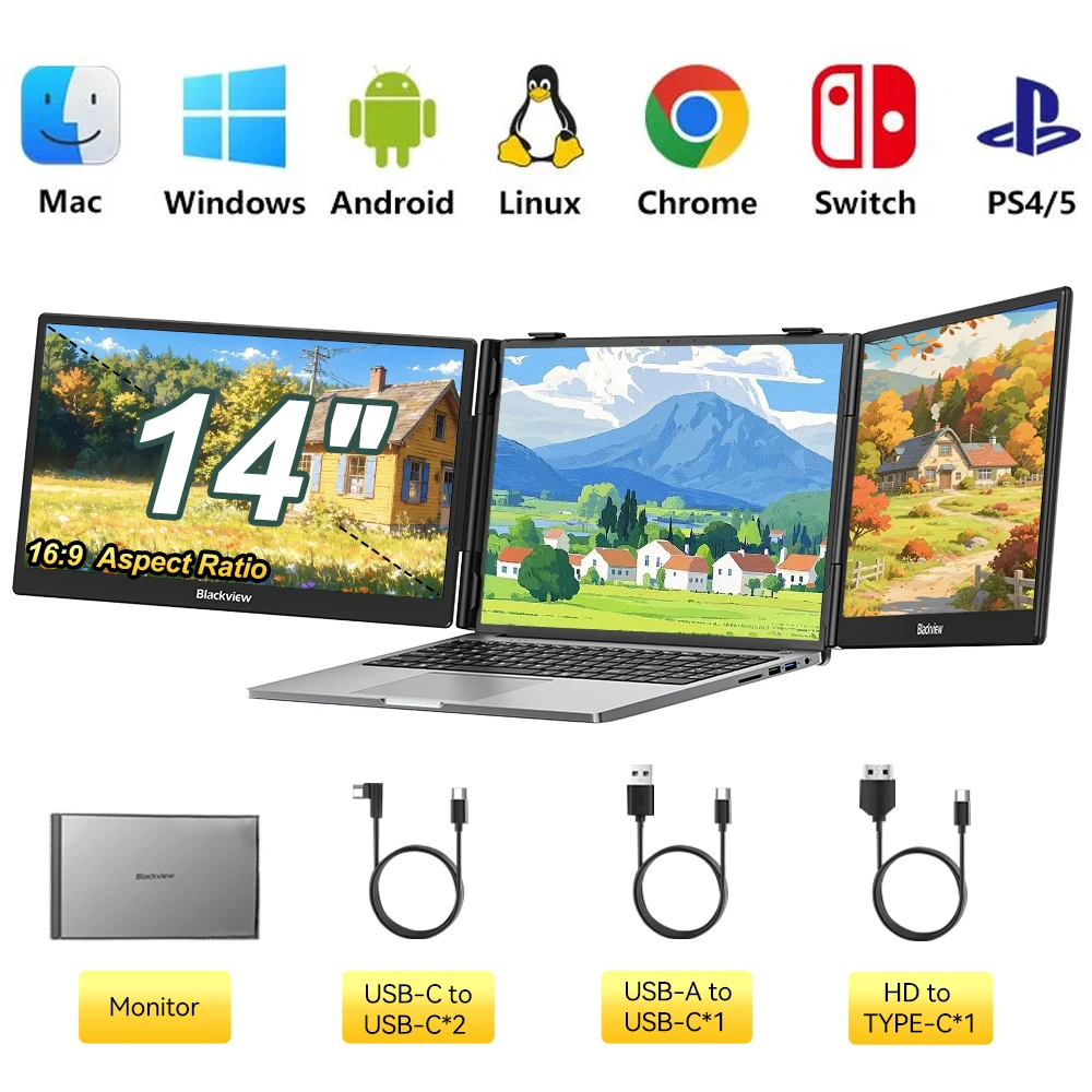 Draagbaar LCD-scherm Blackview DCM5, 14 inch, resolutie 1920*1080 pixels, 60Hz, beeldverhouding 16:9, IPS LCD, 100W omgekeerd opladen, Plug & Play
