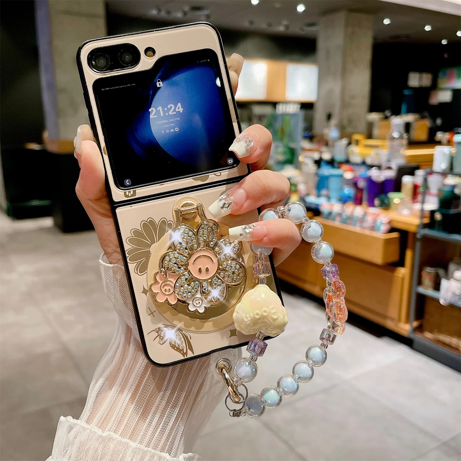 

TYBOMB Luxury Pearl Keychain Floral Magnetic Ring Stand Case for Galaxy Z Flip 5/Z Flip 4/Flip 3 Wireless Charging Folding Cover