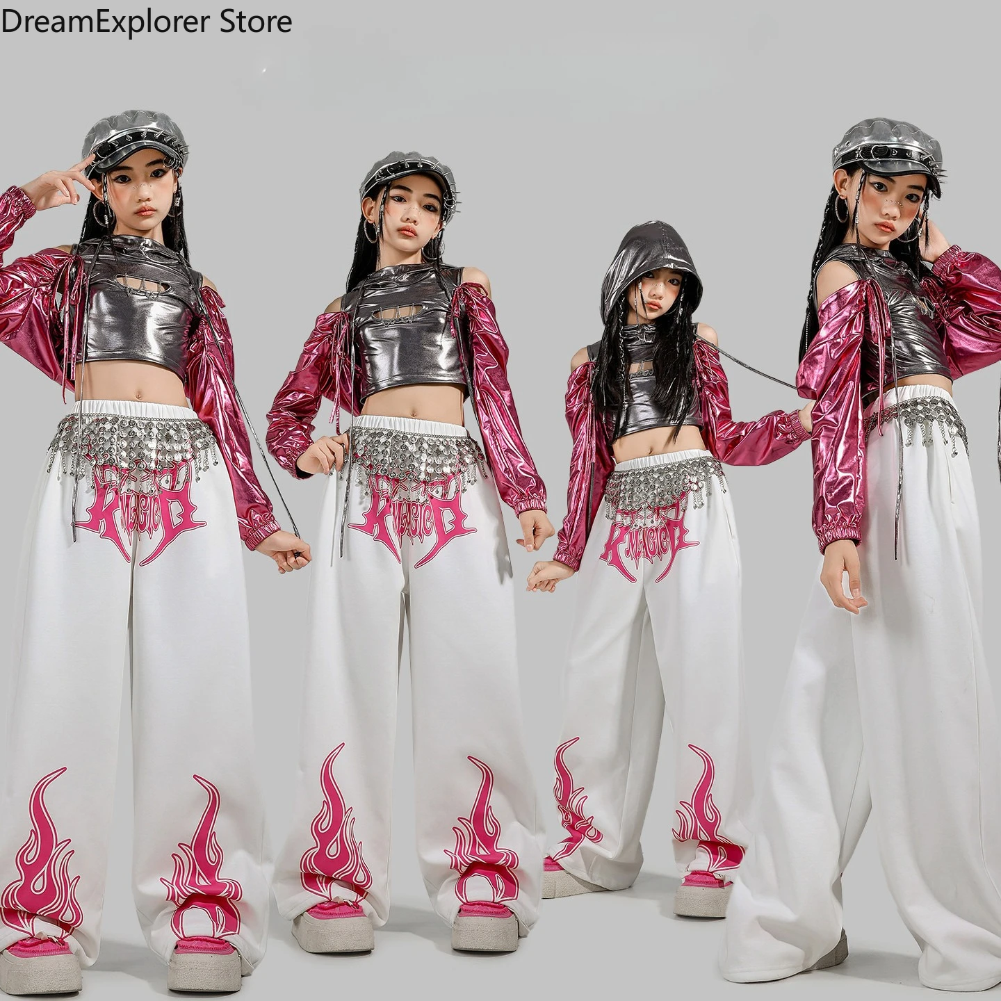 

Girls Hip Hop Shiny Crop Top Hoodies Loose Sweat Pants Children Teens Jazz Streetwear Clothes Sets Kids K-pop Girl Group Costume
