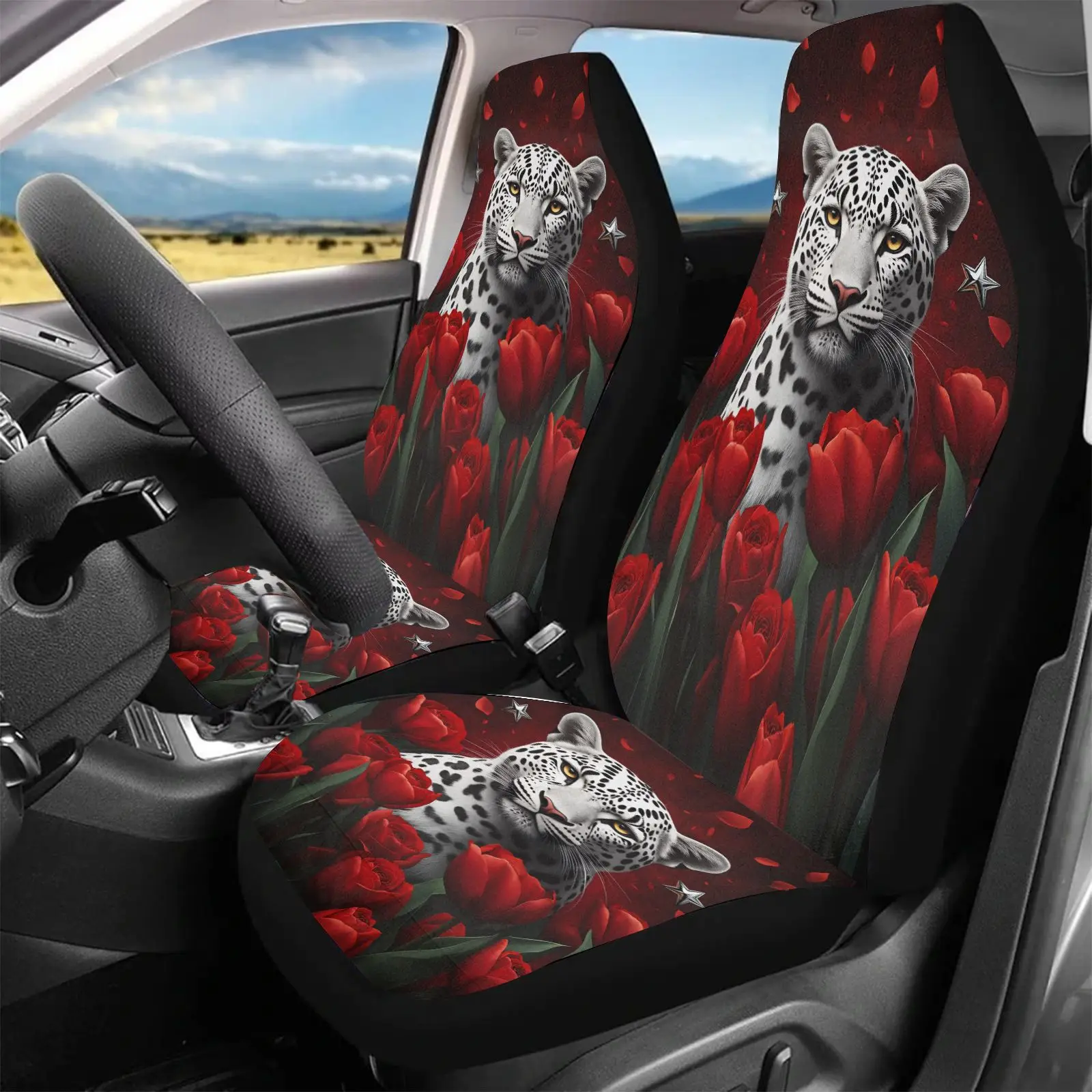 Car Seat Covers Black Snow Leopard And Red Tulips Print | Universal Fit, Non- Polyester Fabric For Cars Interior Decoration