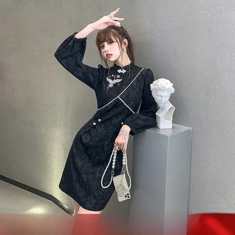 

Young Sle Long Sve Qipao Dr Ele Spring Autumn New Design National Trend Women's Faion Dr Polyester Fiber