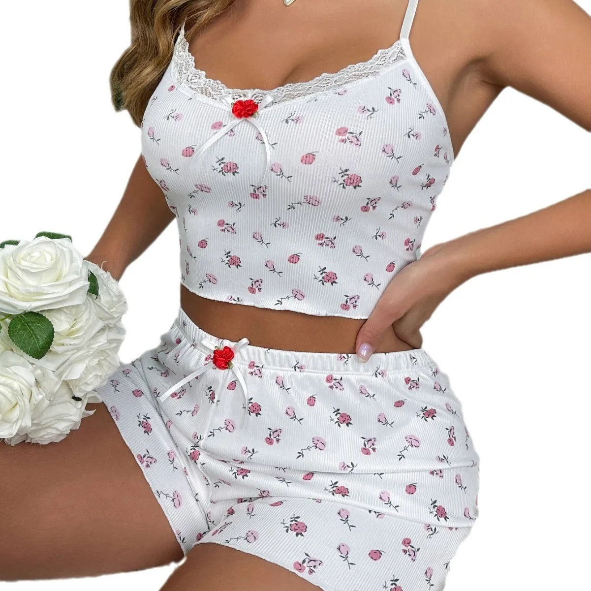 Sexy Pajama Set for Women Flower Print Sleepwear Lace Bow Trim Camisole Top Shorts Suit Female Casual Sports Nighties Loungewear