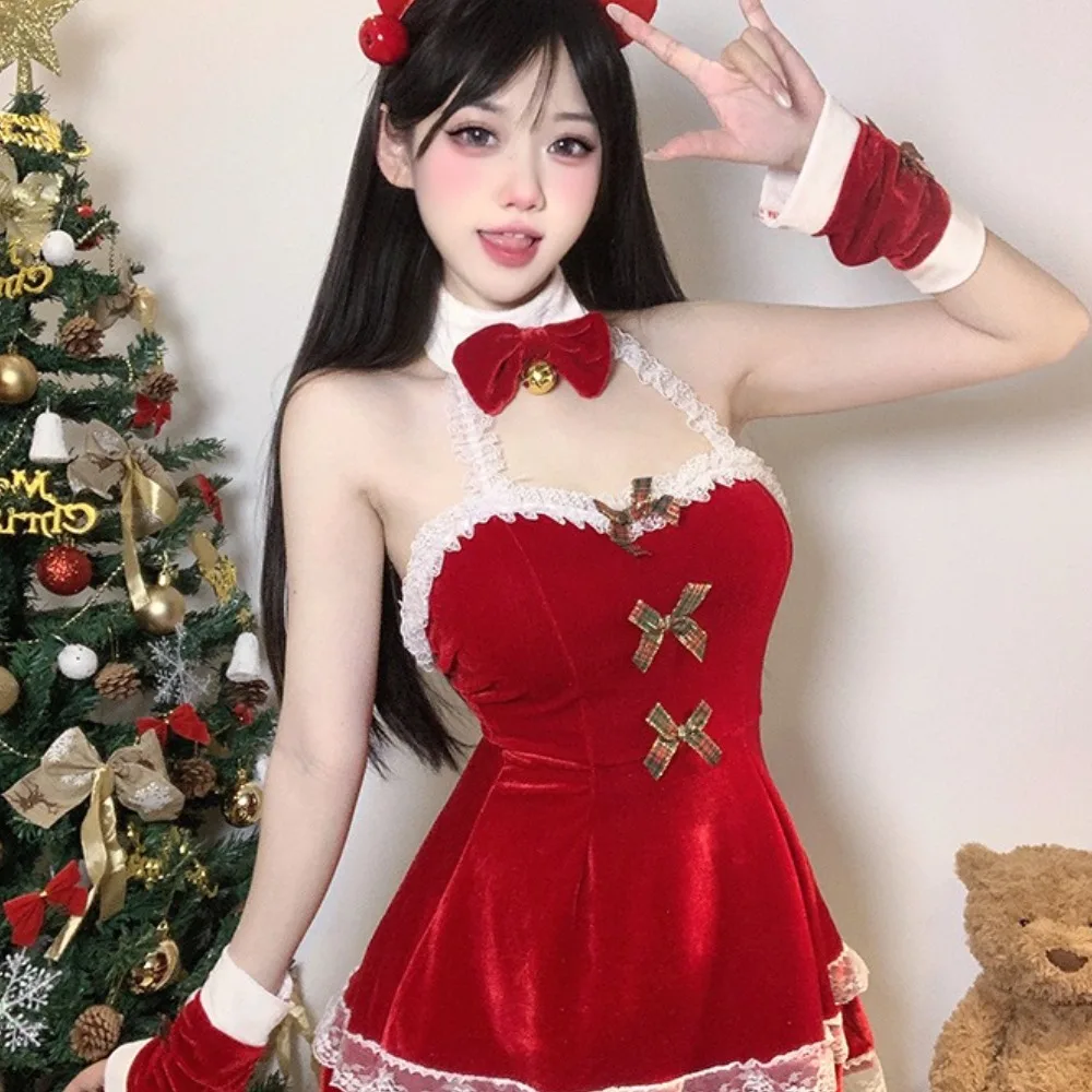 女性用クリスマスコスチューム フェイクファー付き レッドフランネル アンダーワイヤーブラ コルセット セクシーバスティエ キャミクロップトップ クリスマスパーティー レイブドレスアップ