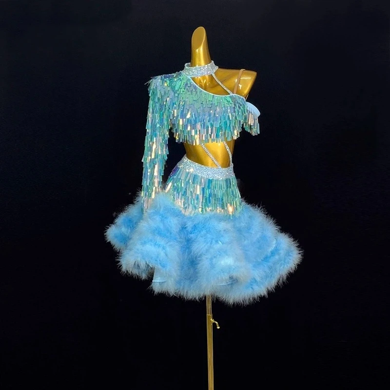 

Latin Dance Clothing Customized Feather Tassel Glitter Adults and Children Cha Cha Samba Rumba Competition Performance Costumes