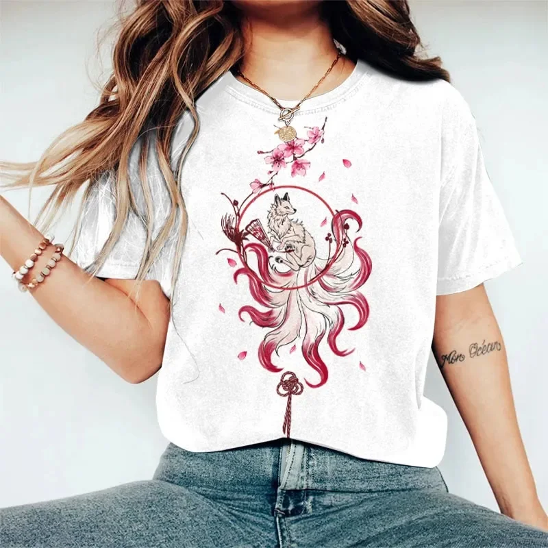 Women's Japanese Sakura Nine-tailed Fox Art Print Casual T-shirt Summer Women's T Shirts