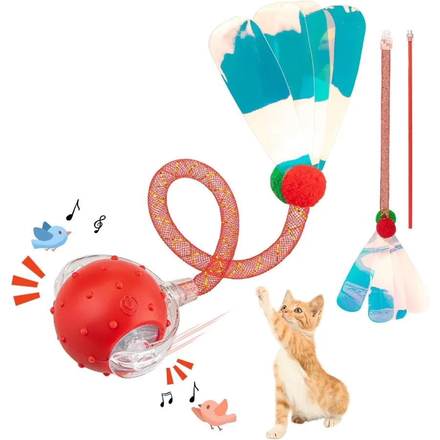 كرة ألعاب القطط التفاعلية للقطط الداخلية، كرة القطط الدوارة الأوتوماتيكية مع ذيل شبكي مرن، تفعيل حركة النقيق على شكل طيور #1