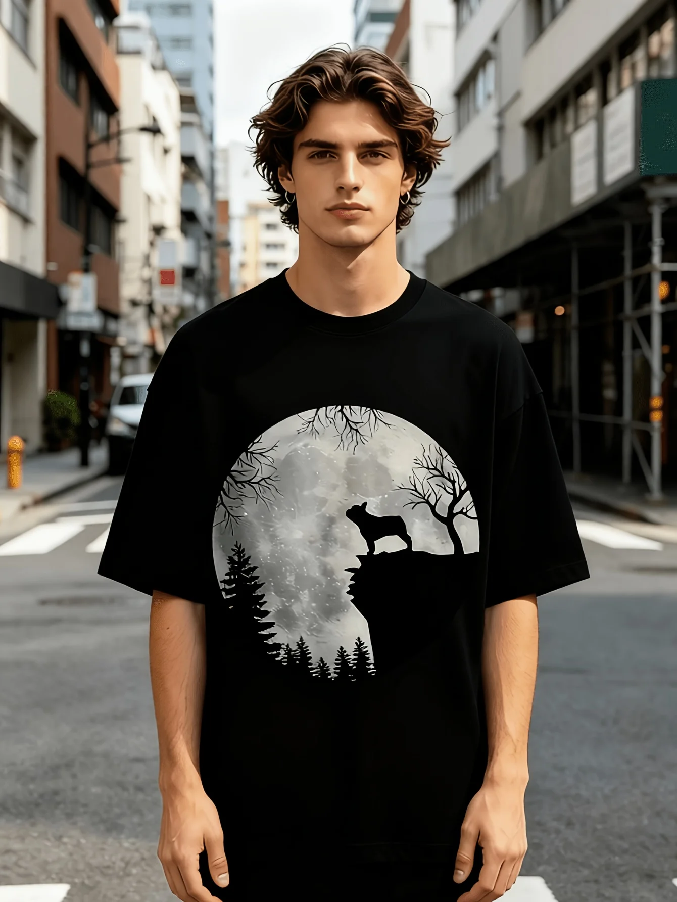 Men's Halloween Bulldog Moon Graphic T-Shirt - Black W~ts ~