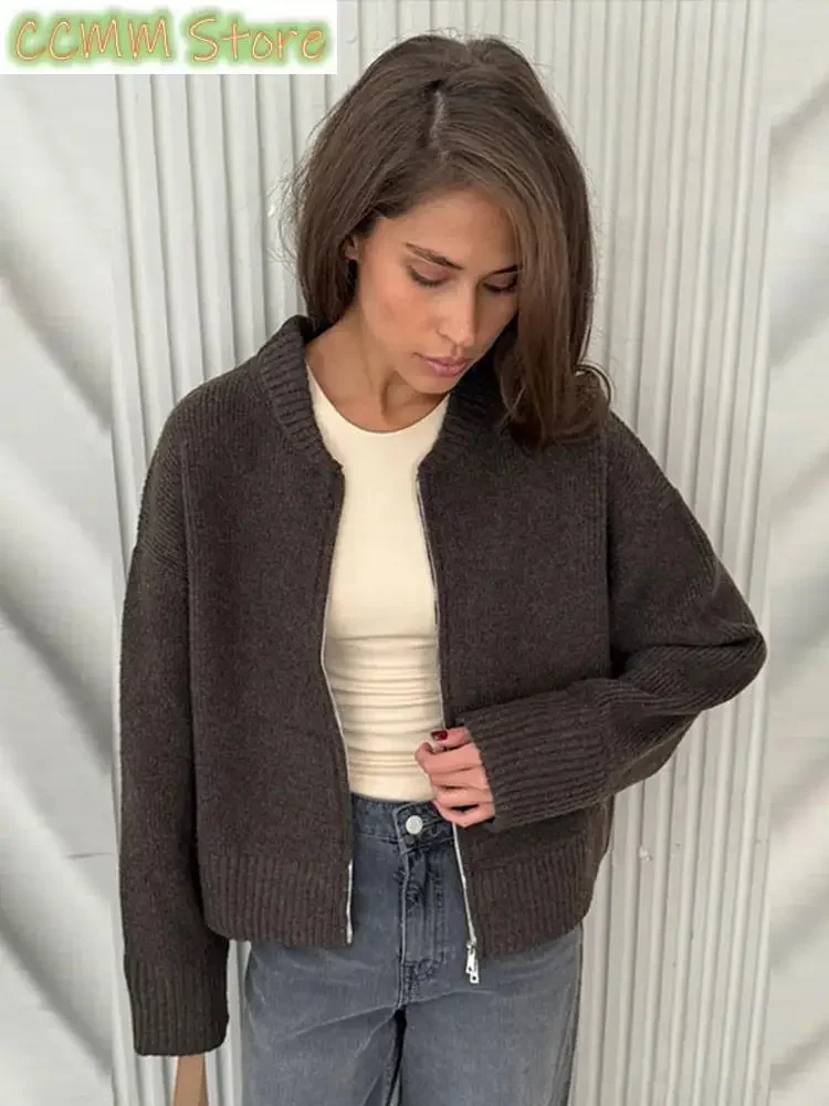 

Fashion Solid Knitted Cardigan For Women Elegant O-neck Long Sleeve Zipper Female Sweater Autumn Winter Lady Chic Knitwear